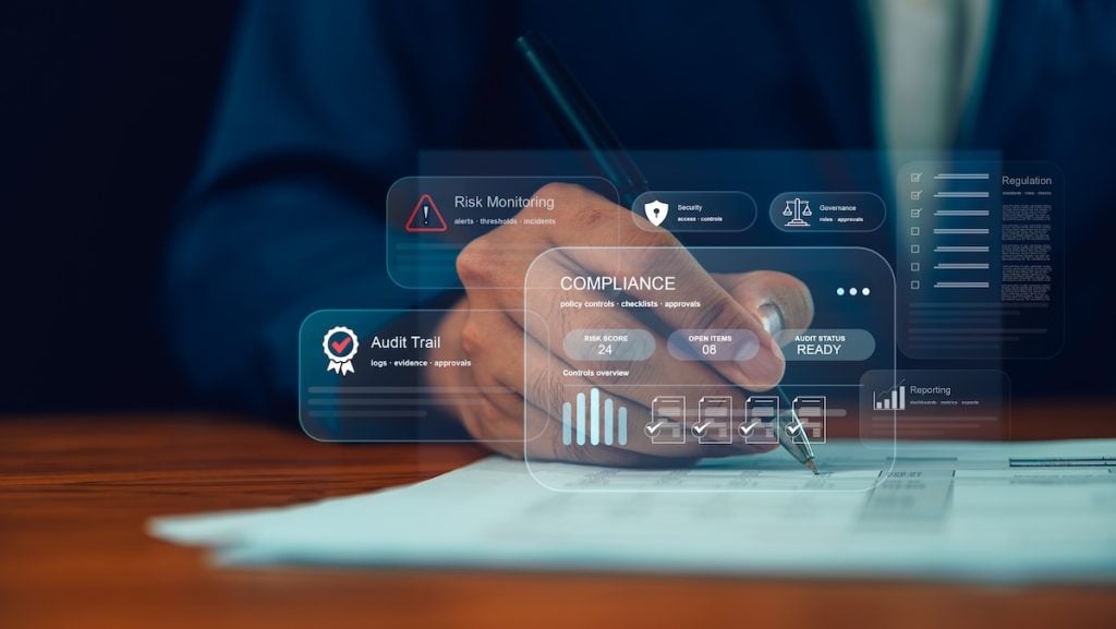 Compliance and audit trail system for risk monitoring and regulation. This business dashboard security and governance concept shows digital data management for corporate transparency, 24 CFR compliance