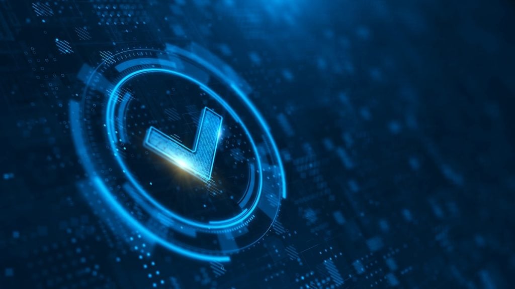 Compliance Findings, Check Mark on Abstract Blue Backgroud.