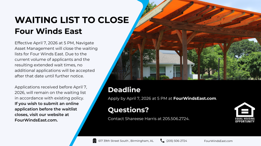 Waiting list closure notice for Four Winds East in Birmingham, Alabama. 