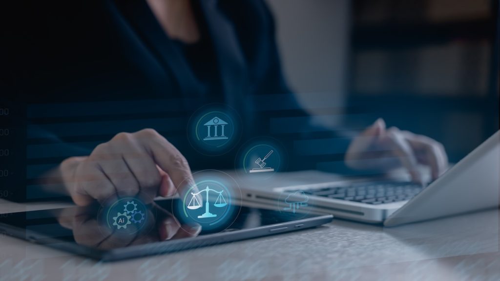 Business professional using digital interface with AI governance, legal compliance and policy management icons, HUD guidance withdrawals