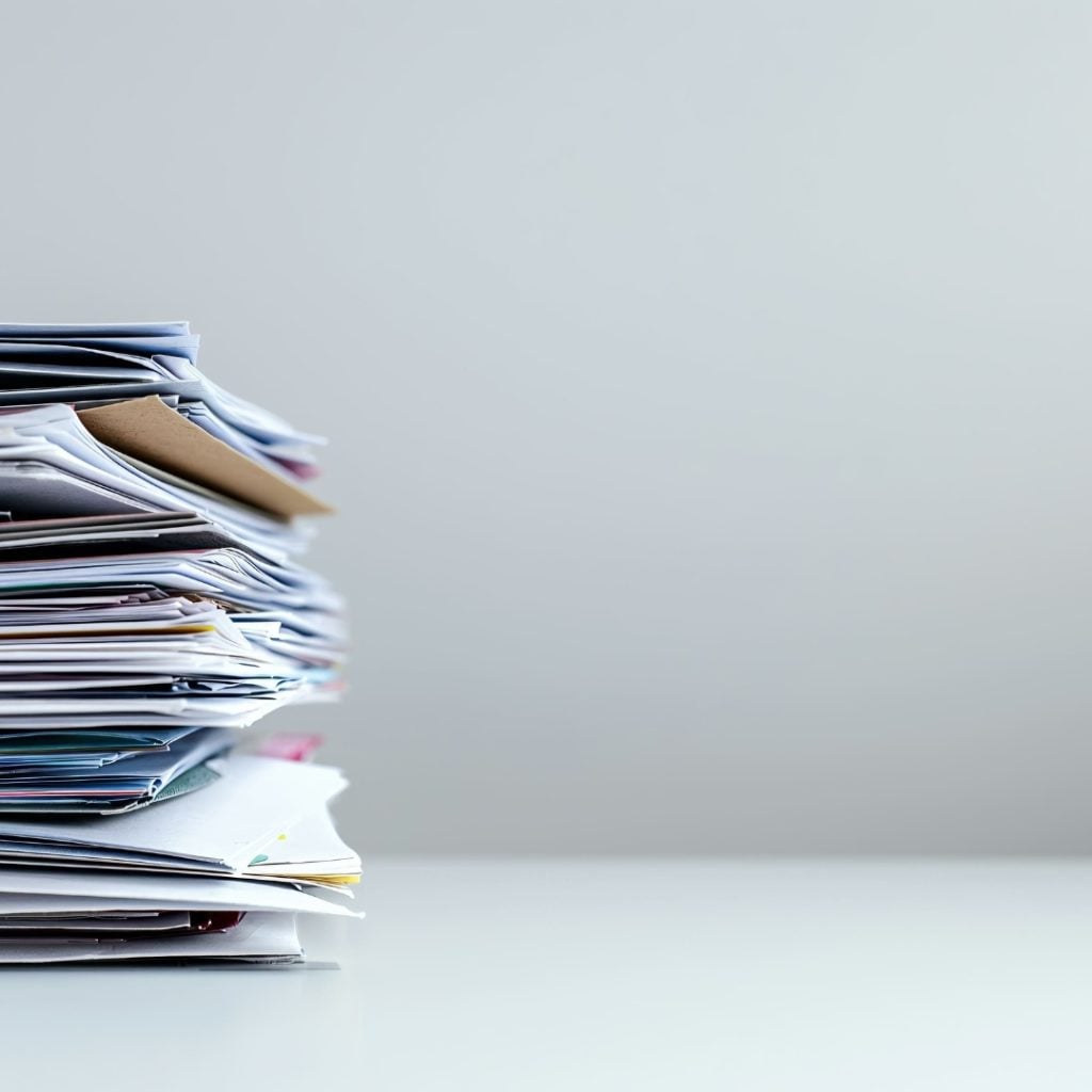 Stack of paper files on a desk against a light gray background.