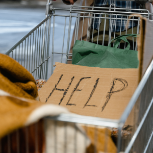 Images shows cardboard help sign inside of a shopping cart