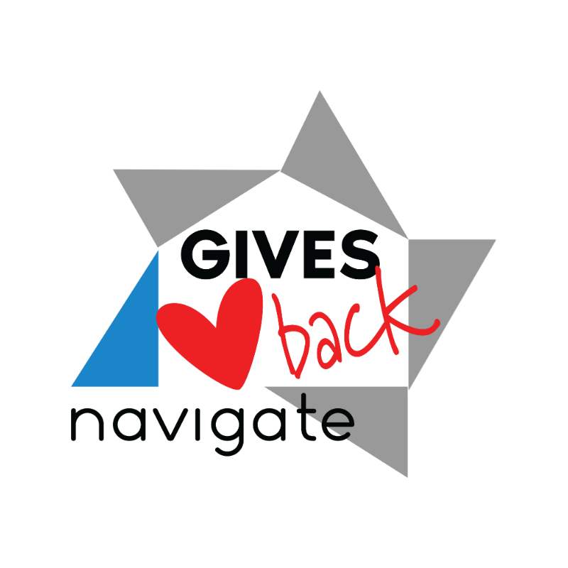 Navigate house logo and heart with the words Navigate gives back