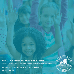 Blue-toned National Healthy Homes Month graphic showing children with raised hands in a classroom.