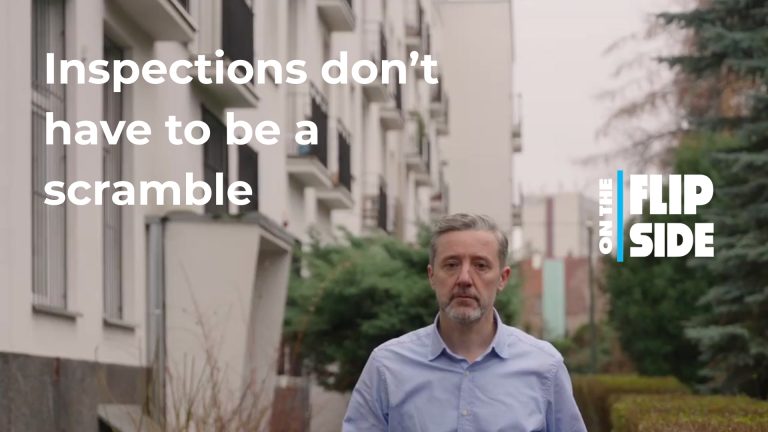 unit inspection; A man on property with a tablet and notebook with the "Inspections don't have to be a scramble" superimposed