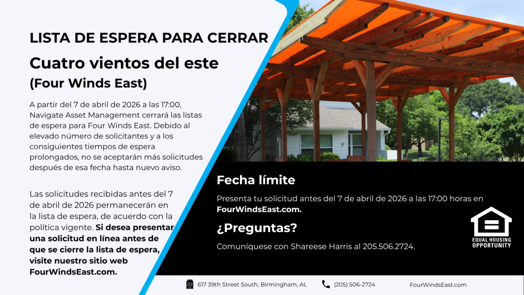 Spanish waiting list closure notice for Four Winds East in Birmingham, Alabama. 