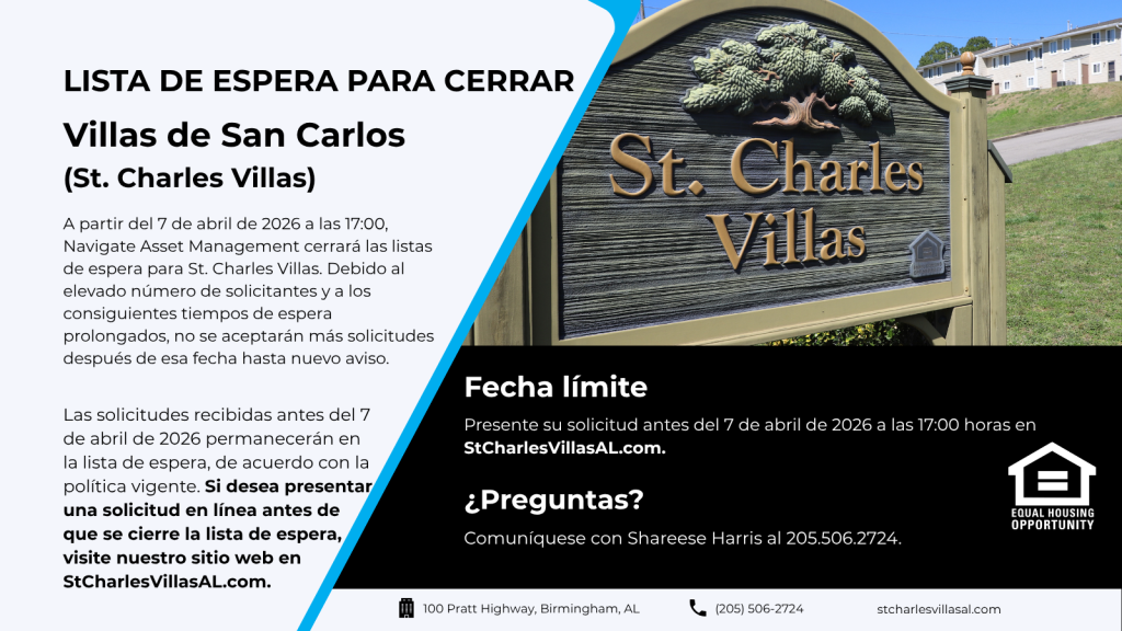 Spanish graphic notice that St. Charles Villas’ waiting list will close April 7, 2026, at 5 PM.