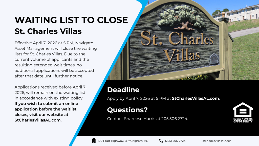 Waiting list closure notice for St. Charles Villas in Birmingham, Alabama.