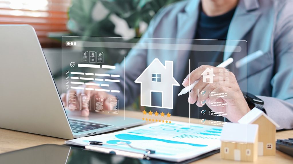 housing program data, Real estate agent analyzing digital property platform on laptop with virtual house icon, rating stars, and documents. Concept of property evaluation, smart real estate, and online housing service.