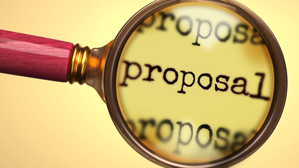 Examine and study proposal, showed as a magnify glass and word proposal to symbolize process of analyzing, exploring, learning and taking a closer look at proposal, 3d illustration, HUD Equal Access rule